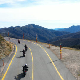 Motorbike touring on the Great Alpine Road with views of Mt Feathertop