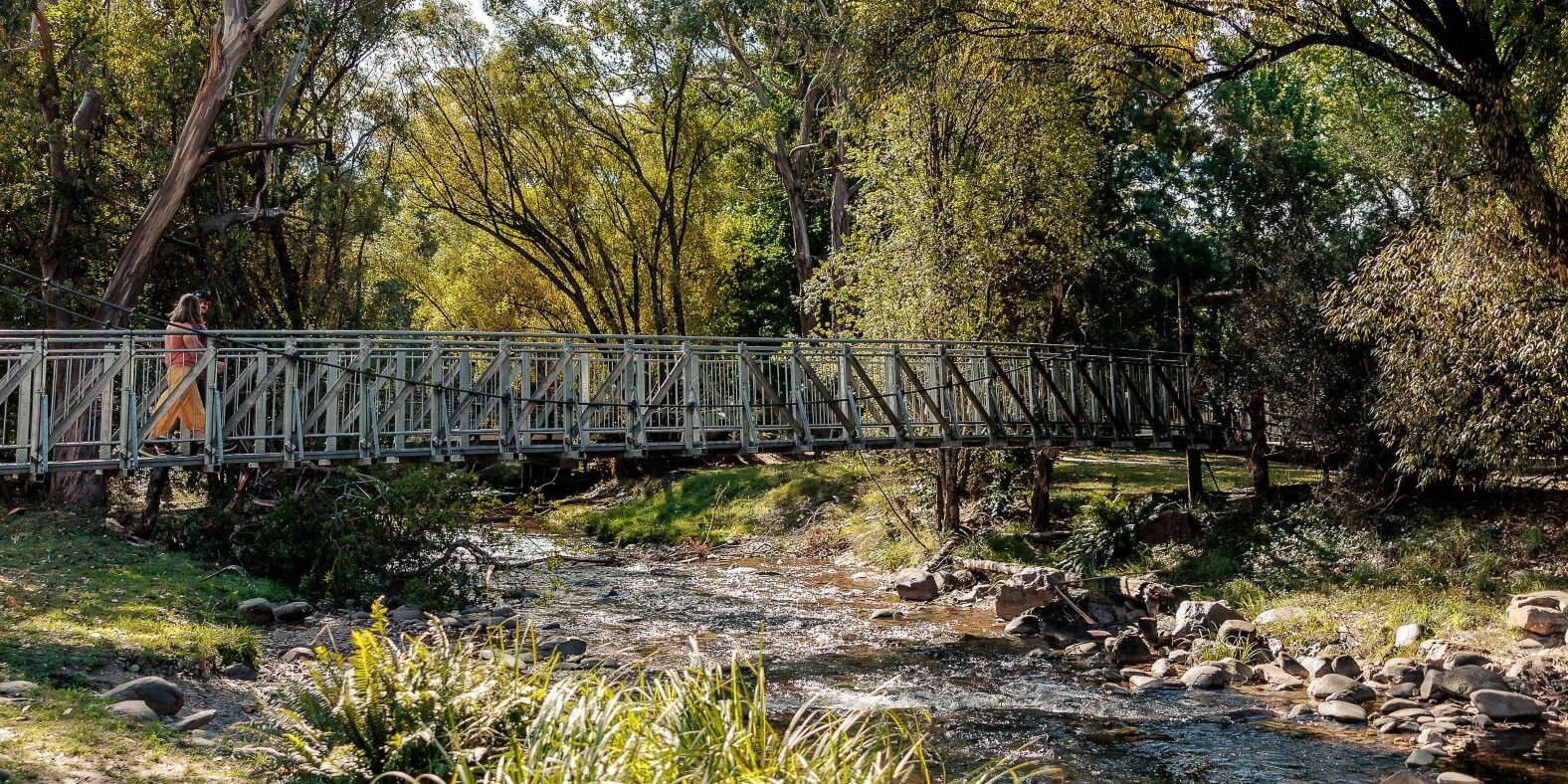 Couple crossing the bridge in Tavare Park, Harrietville