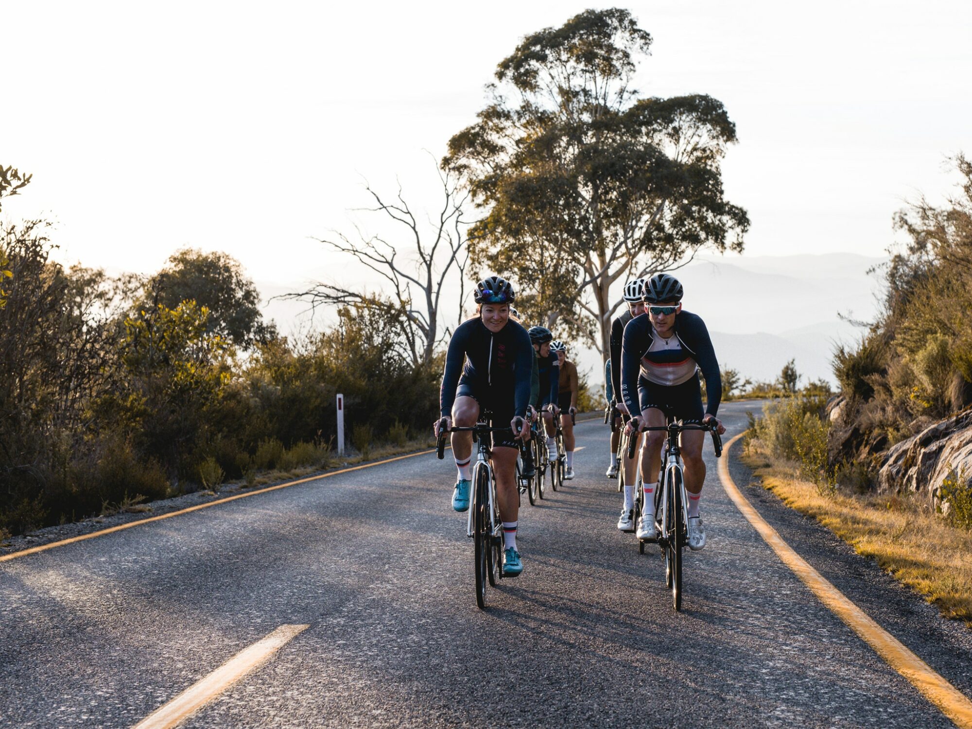 Road cyclists riding up Mount Buffalo